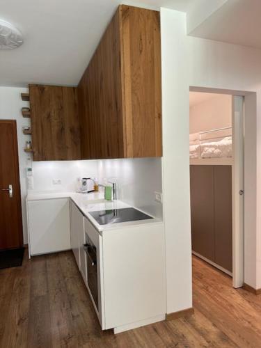 a white kitchen with a sink and a counter at Appartament ReLaax in Laax