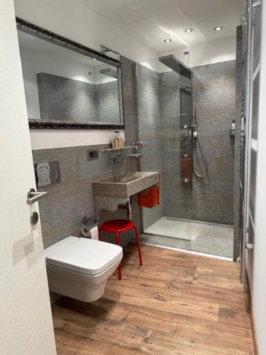 a bathroom with a shower and a toilet and a sink at Appartament ReLaax in Laax