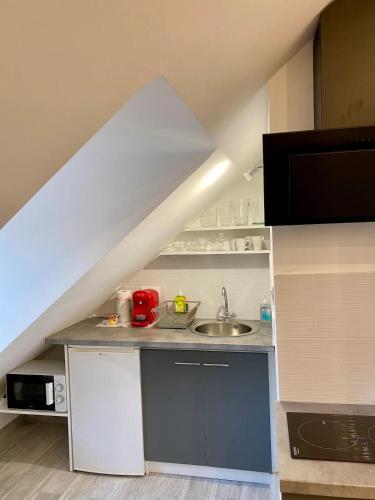 une petite cuisine avec un évier et un micro-ondes dans l'établissement Sea La Vie, à Nice