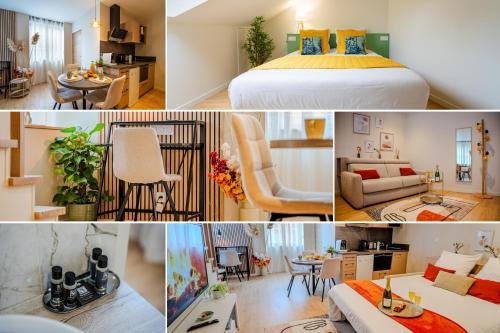 a collage of pictures of a bedroom and a living room at Au Duplex d'Or Centre Historique in Besançon