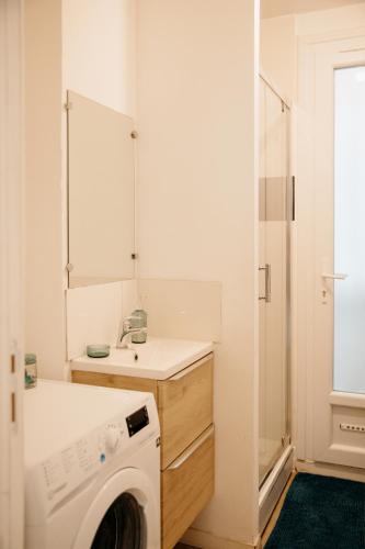 une salle de bain avec une machine à laver et un lavabo dans l'établissement L'escapade Rennaise en bord de vilaine, à Rennes