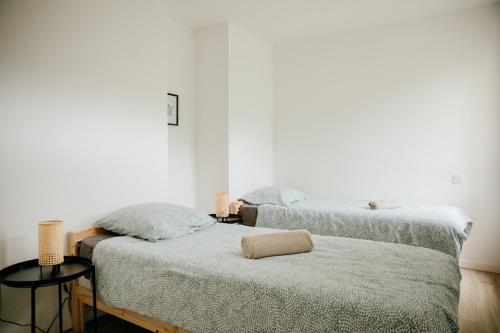 deux lits dans une chambre avec un oreiller dessus dans l'établissement L'escapade Rennaise en bord de vilaine, à Rennes