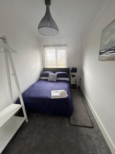 a bedroom with a purple bed and a ladder at The Loft and The Den Apartments in Sandown