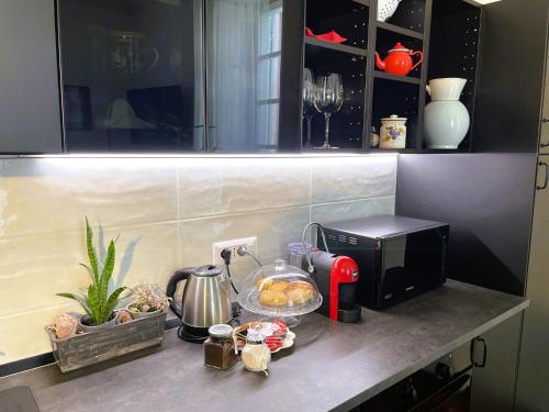 a kitchen counter with a microwave and some food at Emozione Torino - affascinante, silenzioso, in palazzo d'epoca pressi piazza Solferino in Turin