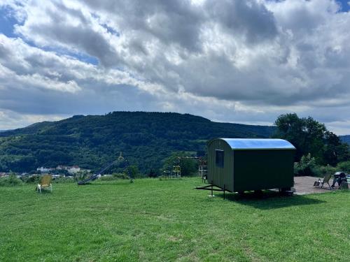 a green shed in a field with a hill in the background at Waldhotel Sonnenberg in Bollendorf