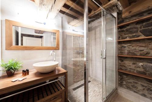 une salle de bain avec un lavabo et une douche en verre dans l'établissement La grotte de la Baleine du Vieux Lyon AIL, à Lyon