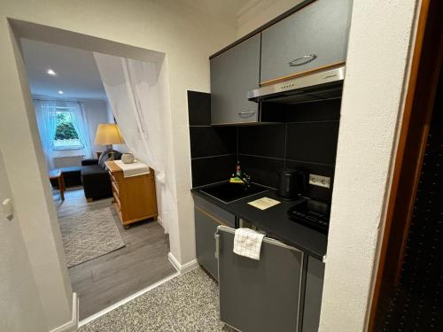 a small kitchen with a stove top oven in a room at Residenz Royal in Sandhausen