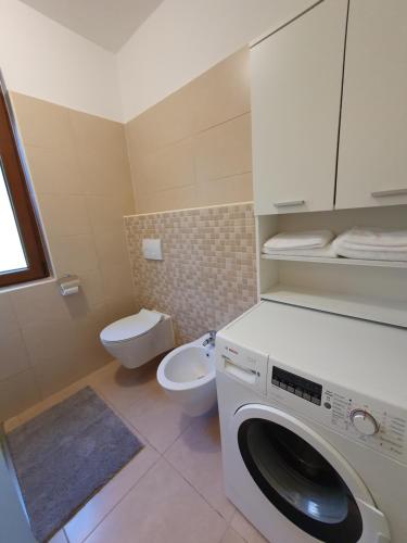 a bathroom with a washing machine and a toilet at RIKY Ap4 - few steps from the beach in Novigrad Istria