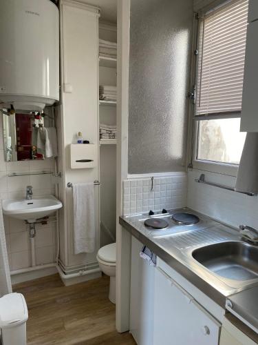 une salle de bain blanche avec un lavabo et des toilettes dans l'établissement Ruederennes, à Paris