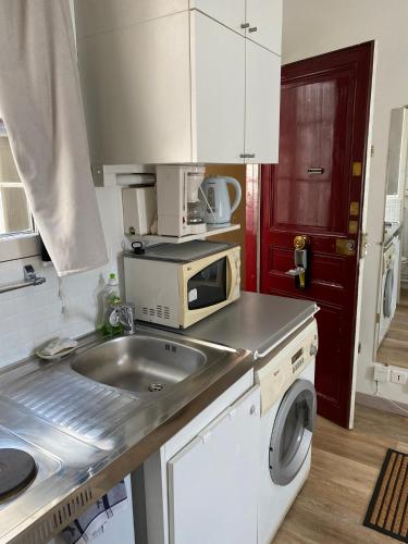 une cuisine avec un évier et un micro-ondes dans l'établissement Ruederennes, à Paris