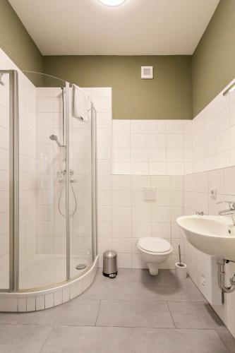a bathroom with a shower and a toilet and a sink at Alte Apotheke in Wernigerode