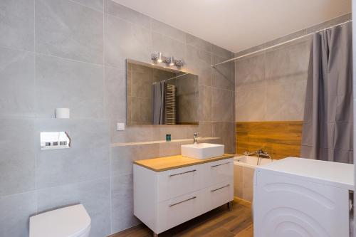 a bathroom with a sink and a toilet and a mirror at ShortStayPoland Tomcia Palucha B118 in Warsaw