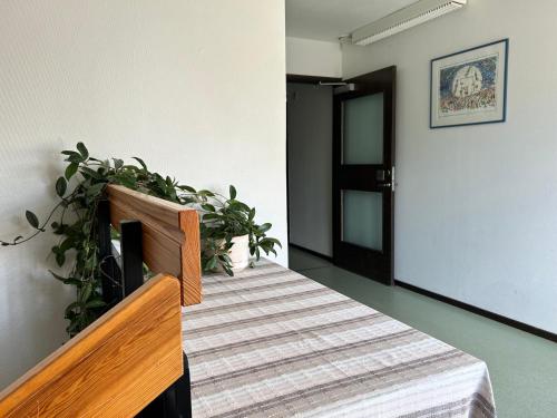a room with a staircase with plants on the wall at Klackbergsgården in Norberg