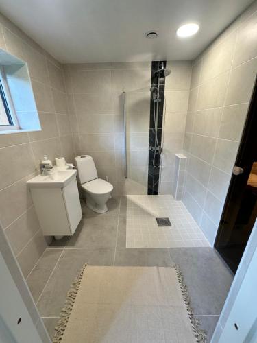 a bathroom with a toilet and a shower at Raeküla saunamaja TASUTA PARKIMINE in Pärnu