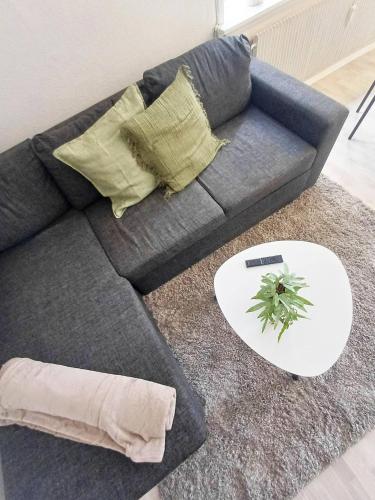 a gray couch with pillows and a white table at Cozy 1 bedroom apartment B in Hjørring