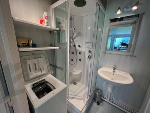 La petite salle de bains est pourvue d'une douche et d'un lavabo. dans l'établissement Superbe studio 4 pers skis aux pieds avec balcon, à Tignes