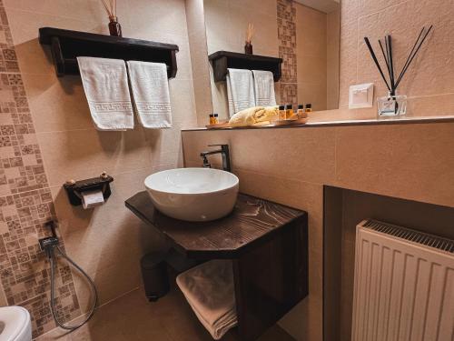un bagno con lavandino a ciotola su un tavolo di Silvia Chalet Poiana Brasov a Poiana Brasov
