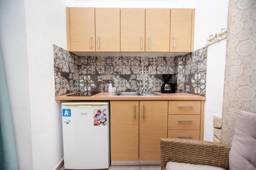 a small kitchen with a refrigerator and a sink at T H E BERLIN Studios and Suites in Nea Vrasna
