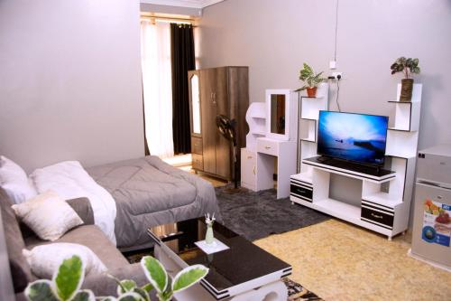 a living room with a couch and a tv at Sweet home in Makerere
