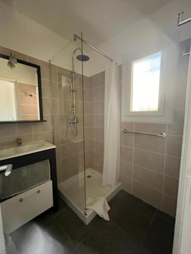 une salle de bain avec une douche, un lavabo et un miroir dans l'établissement E Casette Di Santa Giulia, à Porto-Vecchio