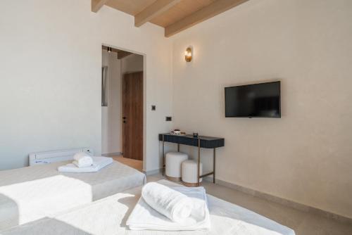 a bedroom with two beds and a television on the wall at Fiscardo Sunny Villas in Fiskardho