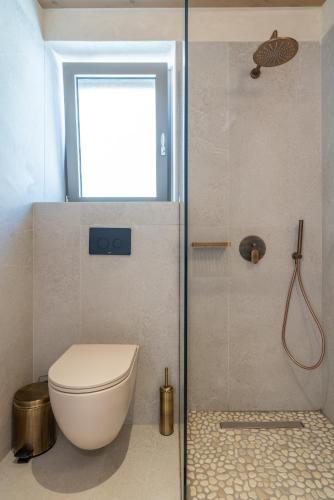 a bathroom with a toilet and a shower at Fiscardo Sunny Villas in Fiskardho