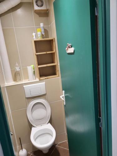 La salle de bains est pourvue de toilettes et d'une porte verte. dans l'établissement Private Room-4 in HANNANA Apartment- 2 min walk To Tram 12 min to Nice train station 15 min to Massena Place, à Nice