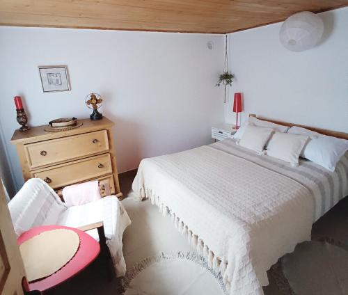 a bedroom with a bed and a chair at Cabana din padure in Neagra