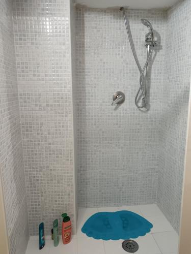 a bathroom with a shower with a blue rug on the floor at G&G Capodimonte in Naples