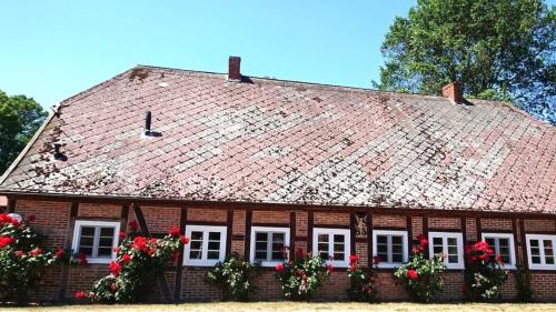 a house with a red roof with flowers on it at Lüdersburger Strasse 15b in Lüdersburg
