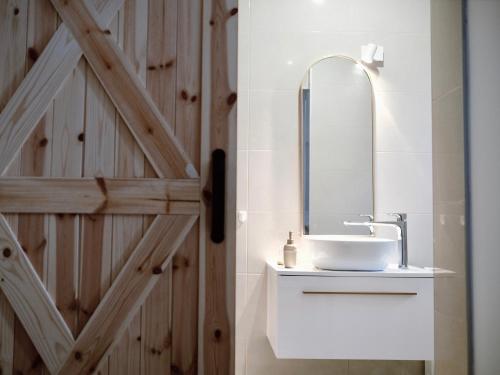 a bathroom with a sink and a mirror at Wine Residence Kerman - Wine and Wellness Retreat in Sveti Urban in Štrigova
