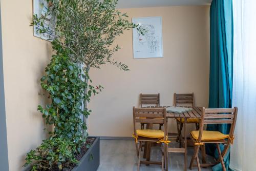 une salle à manger avec une table, des chaises et une plante dans l'établissement T2! 3 ou 4 personnes centre ville neuf avec garage, à Sanary-sur-Mer
