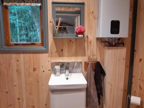 a bathroom with a toilet and a sink at Little Greenwood Shepherd Hut in Boughton Malherbe
