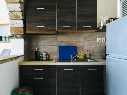 a kitchen with a sink and a refrigerator at Sarris Ligaridia Apartments in Naxos Chora