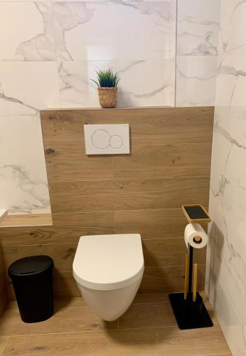 a bathroom with a white toilet and a plant at Bahama apartments in Bucsuháza