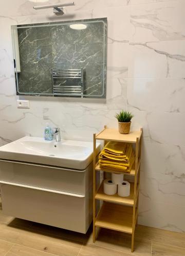a bathroom with a sink and a mirror at Bahama apartments in Bucsuháza