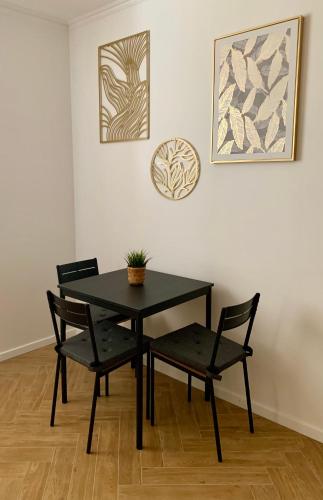 a black table with two chairs and a plant on it at Bahama apartments in Bucsuháza