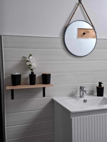 a bathroom with a sink and a mirror on the wall at Perfect Gites In Normandy - New Beginnings Barn in Saint-Sauveur-de-Chaulieu