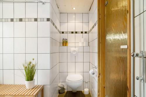 a white bathroom with a toilet and a plant at Seelina in Perach