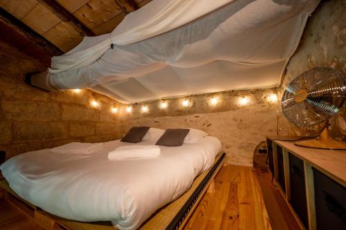 a bedroom with a bed with lights and a fan at L'Annexe Mauvilla in Civrac-de-Dordogne