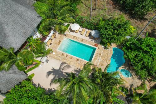 an overhead view of a swimming pool and palm trees at Tamu Tamu Boutique Hotel in Pwani Mchangani