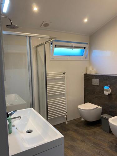 a bathroom with a shower and a toilet and a sink at Seaside in Bovenkarspel