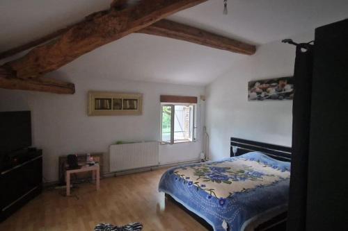 une chambre avec un lit avec une couette bleue dans l'établissement Grande Maison de Campagne, à Saint-Vincent