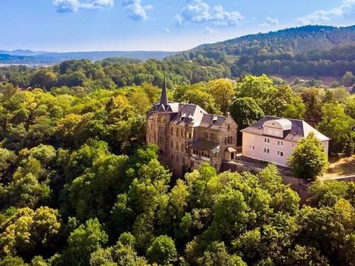 an old building in the middle of a forest at Hotel & Restaurant Schloss Weißenburg in Uhlstädt