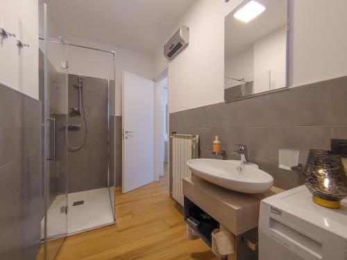 a bathroom with a sink and a shower at Dascio Oasi Ferienwohnung Dachterrassen am See in Dascio