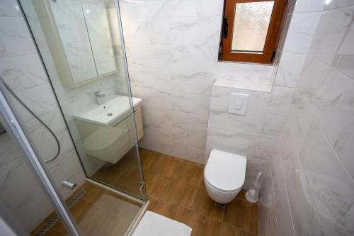 a bathroom with a toilet and a sink and a shower at Apartmani Milos - Meljine in Herceg-Novi
