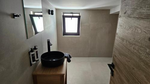 a bathroom with a black bowl on a wooden sink at Kooba Villas in Gázion