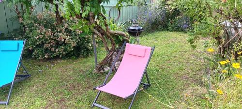 a pink chair sitting in the grass in a yard at Gite Seraphon in Cénac