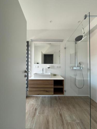 a bathroom with a sink and a mirror at Innova TravelVir - Villa SunSet in Privlaka