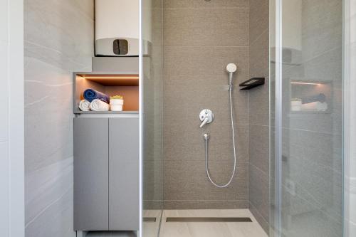 a bathroom with a shower with a glass door at Salt Bloom Apartments Nin in Nin